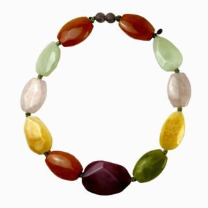 A necklace of different colored stones is shown.