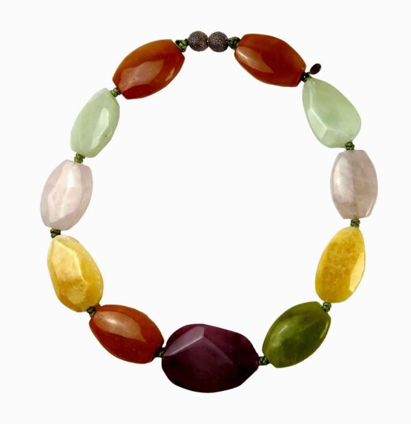 A necklace of different colored stones is shown.