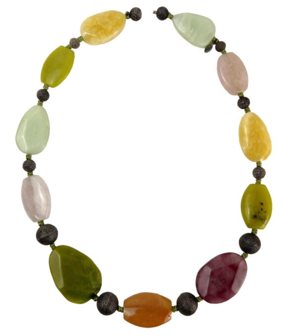 A necklace of various colored stones and beads.