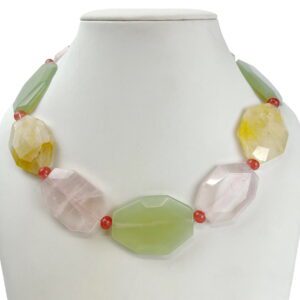 A necklace of different colored stones on a white background