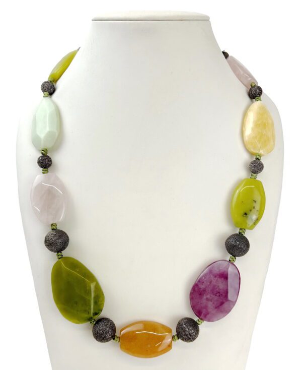 A necklace with different colored stones and black beads.
