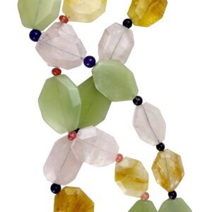 A long necklace of various shapes and colors.