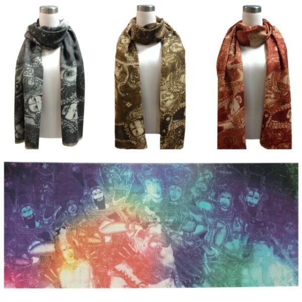 Three Multi Buddha Scarves with detailed historical and mythical figure prints in different colors, displayed on mannequins.