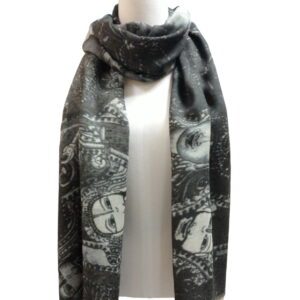 A Multi Buddha Scarf featuring a paisley and floral design draped over a mannequin.