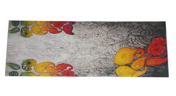 A painting of fruit on the ground with swirls.