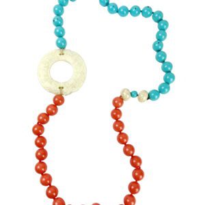 A necklace with red and blue beads on it.