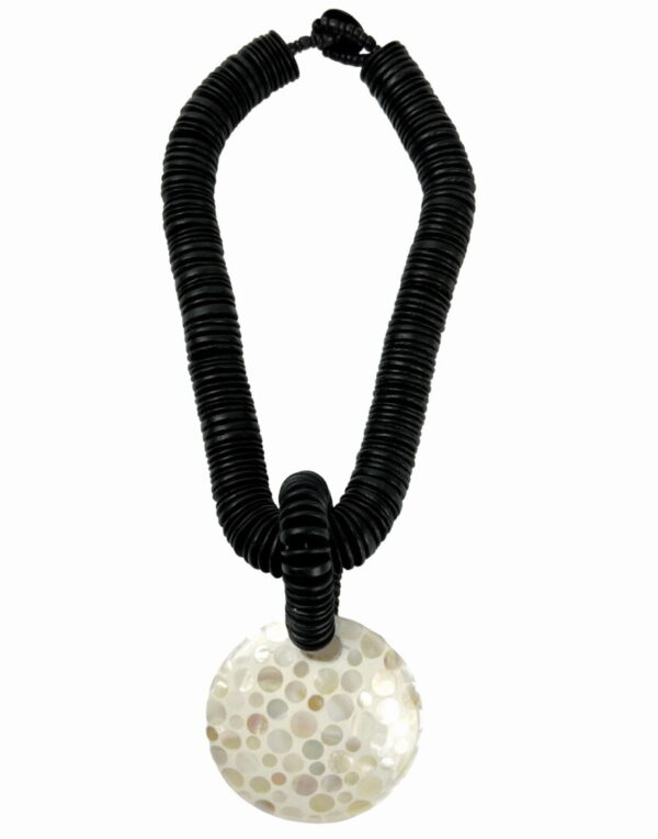 A black cord necklace with a white pendant.