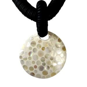 A necklace with a round shell pendant on a black cord.