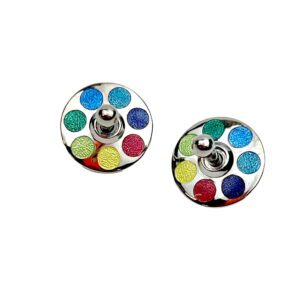 A pair of earrings with colorful dots on them.