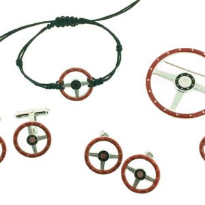 A set of seven steering wheels and bracelets.