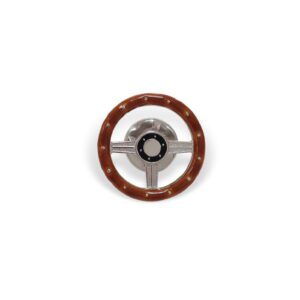 A steering wheel with brown leather and chrome trim.