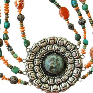 A necklace with multiple strands of beads and an ornate medallion.