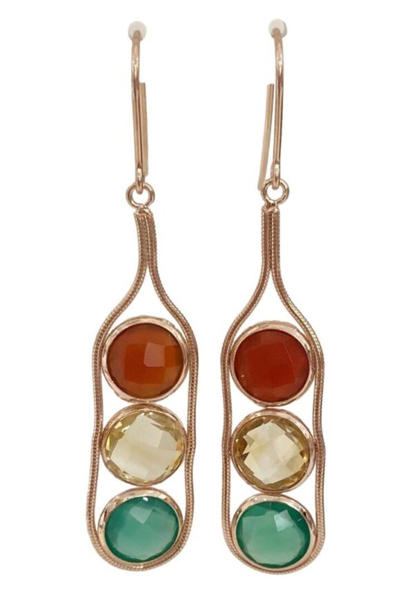 A pair of earrings with three different colored stones.