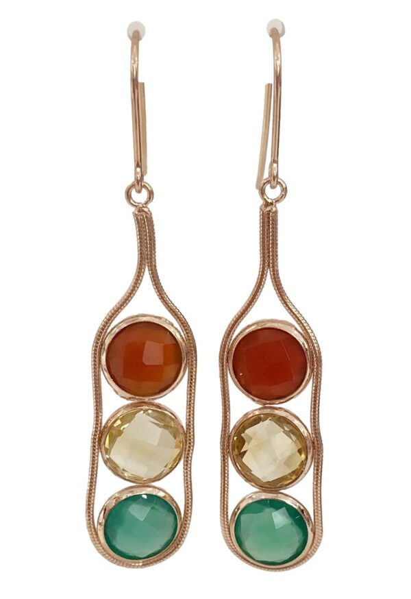 A pair of earrings with three different colored stones.