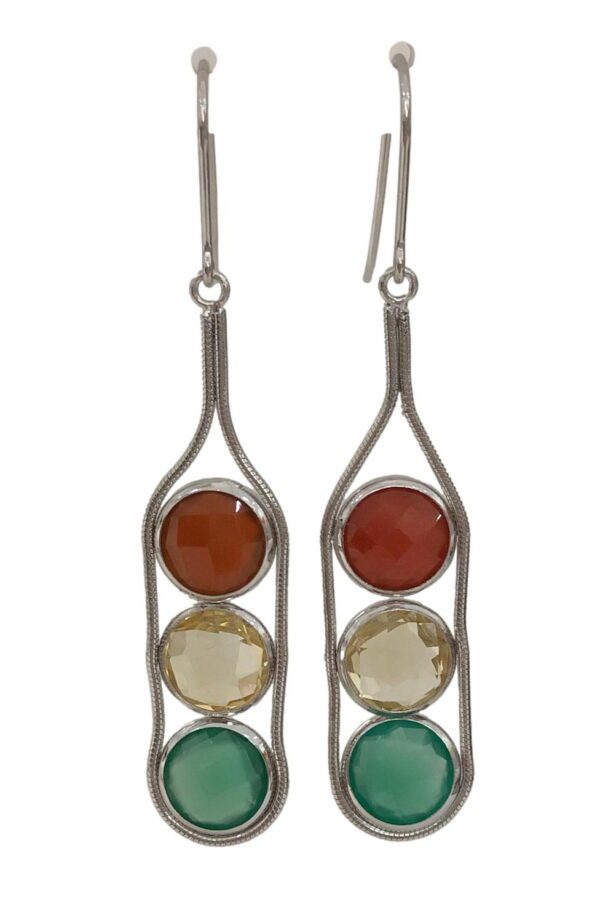 A pair of earrings with three different colored stones.