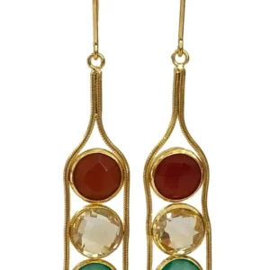 A pair of earrings with three different colored stones.