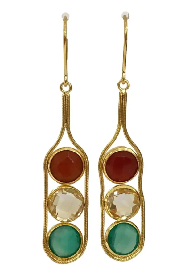 A pair of earrings with three different colored stones.