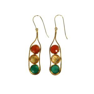 A pair of earrings with three different colored stones.