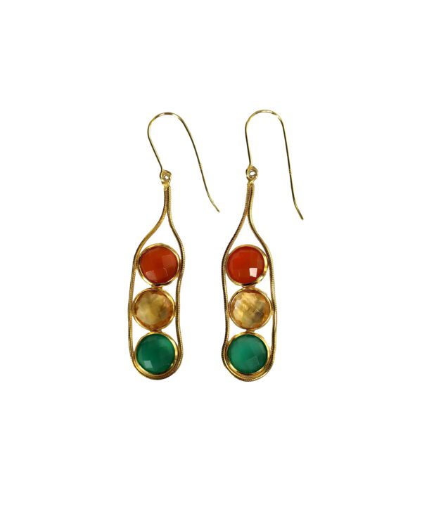 A pair of earrings with three different colored stones.