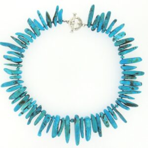 A turquoise necklace with silver toggle clasp.