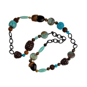 A long necklace with blue and brown beads