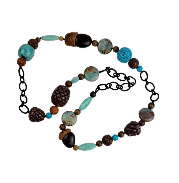 A long necklace with blue and brown beads