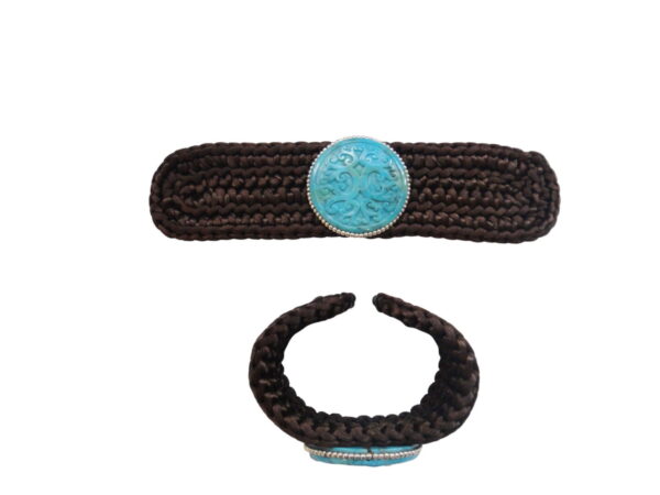 A brown braided hairband and a Carved Turquoise Flexible Bracelet, each featuring a turquoise-colored decorative medallion, isolated on a white background.