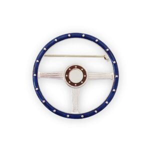 A steering wheel with blue and white plastic rim.