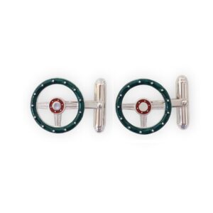A pair of cufflinks with a green and red wheel.