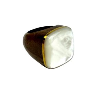 A square shaped ring with gold trim around it.