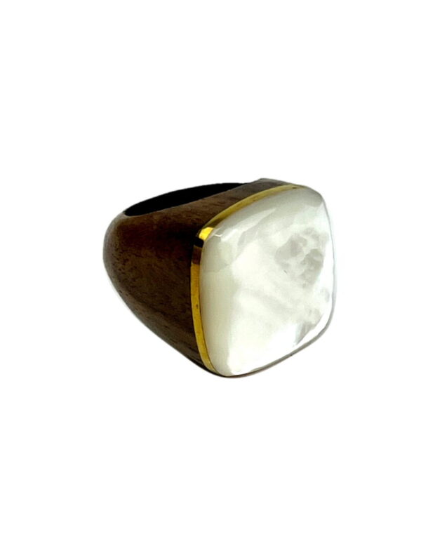 A square shaped ring with gold trim around it.