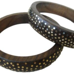 Two wooden bangles with gold and silver dots on them.