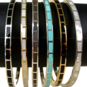 A group of six bracelets that are all different colors.