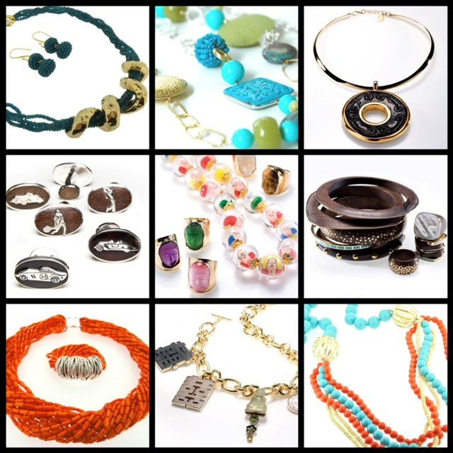 A collage of various jewelry pieces including earrings, bracelets, and necklaces made from beads, metals, and stones.