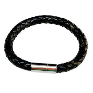 A black leather bracelet with a magnetic clasp.