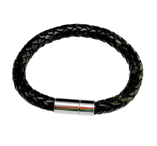 A black leather bracelet with a magnetic clasp.