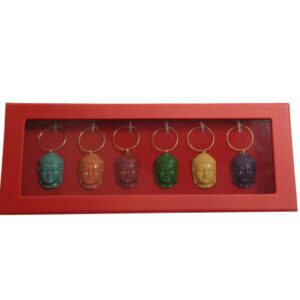 A red box with seven colorful buddha heads on it.