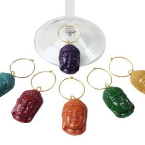 A set of six wine charms in the shape of buddha heads.