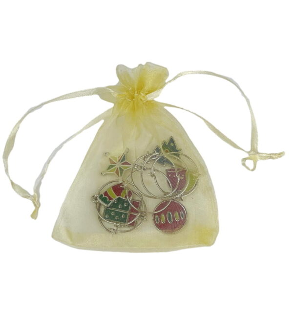 A yellow bag with four different designs of ornaments.