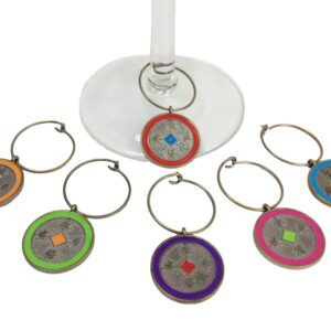 A set of six wine glass charms in different colors.