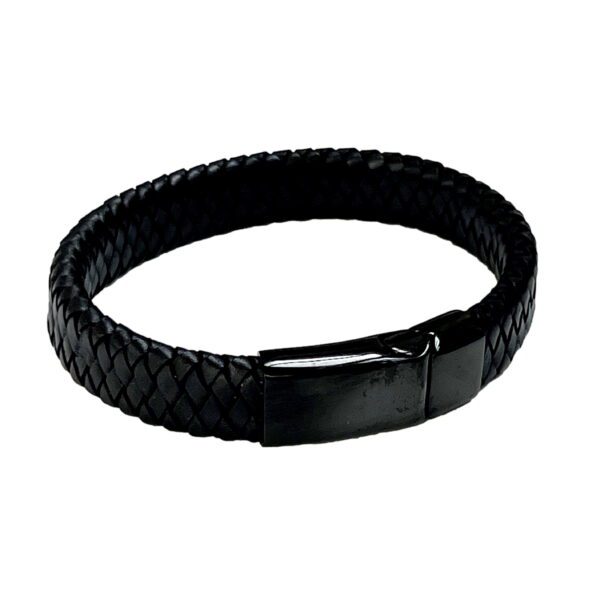 A black leather bracelet with a magnetic clasp.