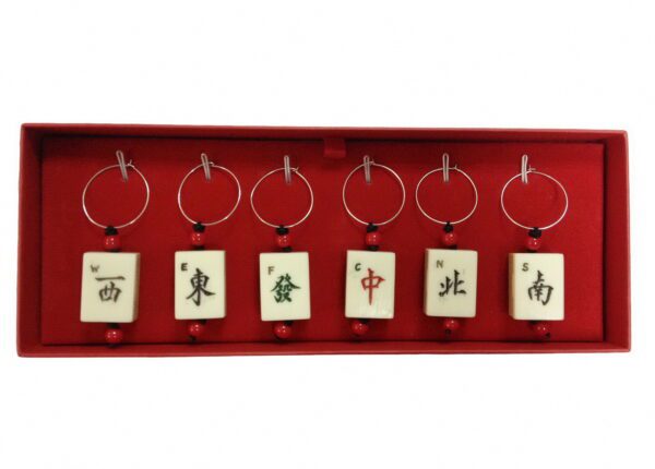 A set of six wine charms in a red box.