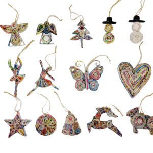 A collection of christmas ornaments hanging from strings.