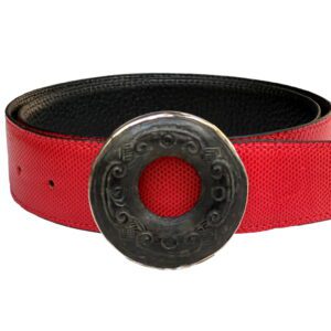 A red belt with a black circle on it