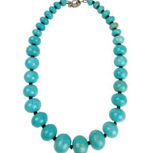A turquoise necklace is shown with black beads.