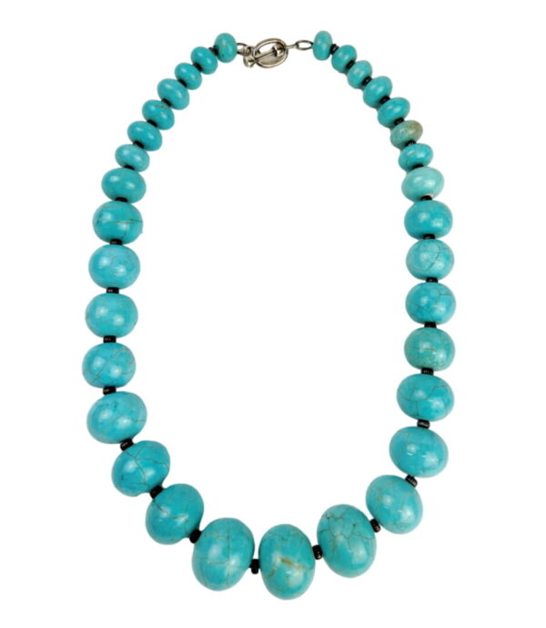 A turquoise necklace is shown with black beads.