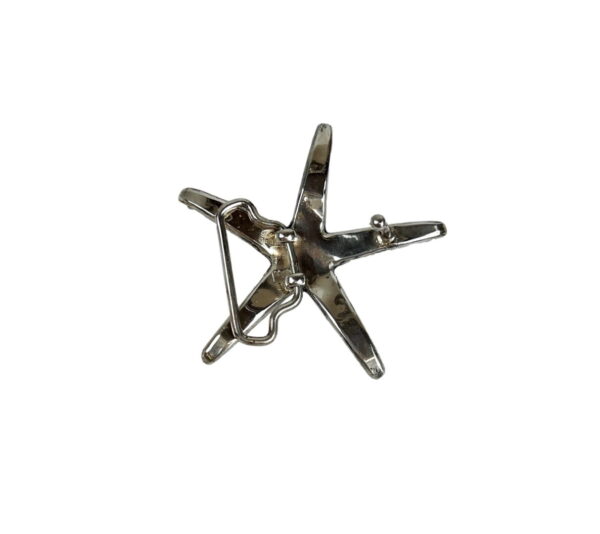 A silver star shaped pin with a small metal handle.