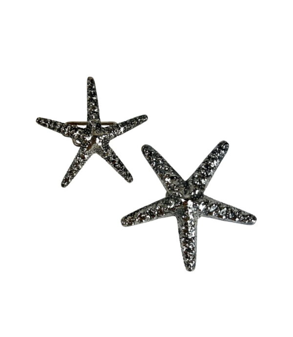 A pair of silver starfish pins with black patina.